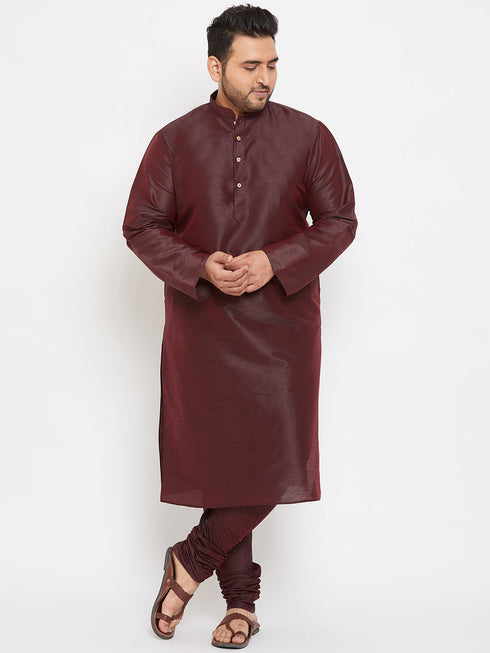 Vastramay Men's Plus Size Wine Silk Blend Kurta Pyjama Set